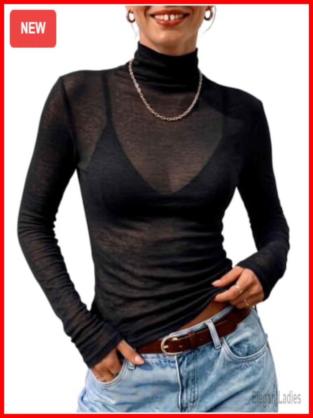 Sheer Mock Neck Long Sleeve Slim Fit Cotton Layering Top